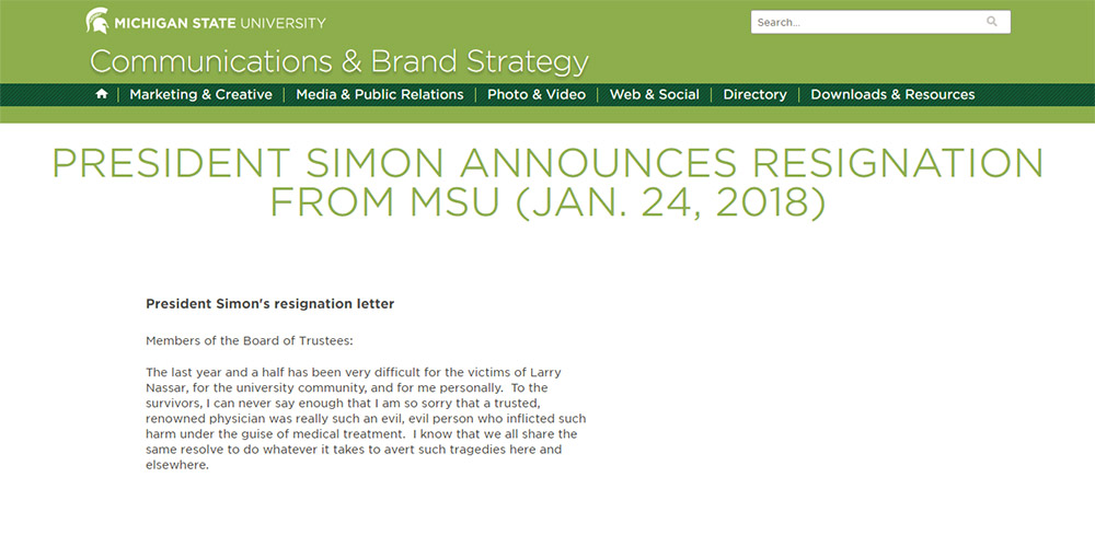 MSU President Resigns Hours After Larry Nassar Sentencing