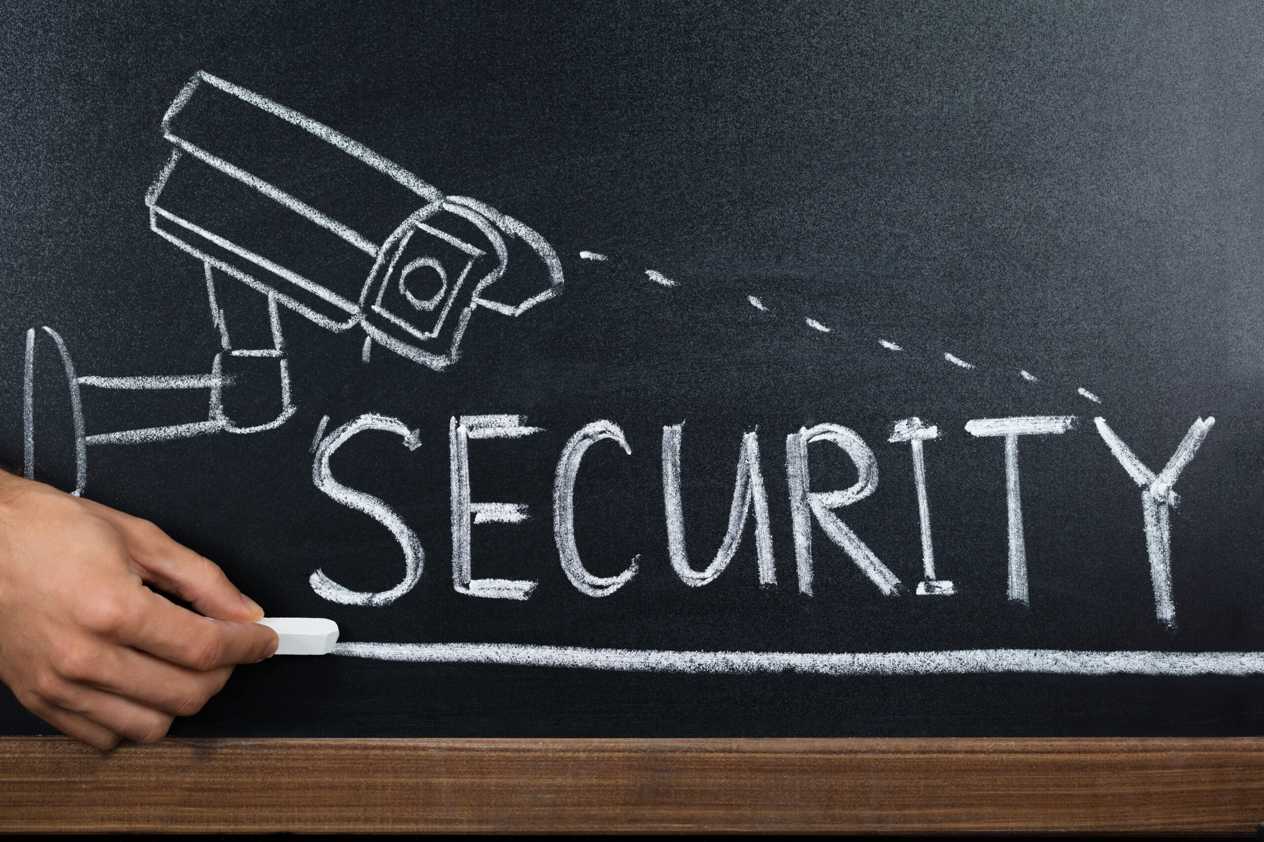 Camera with the word security drawn on a chalkboard