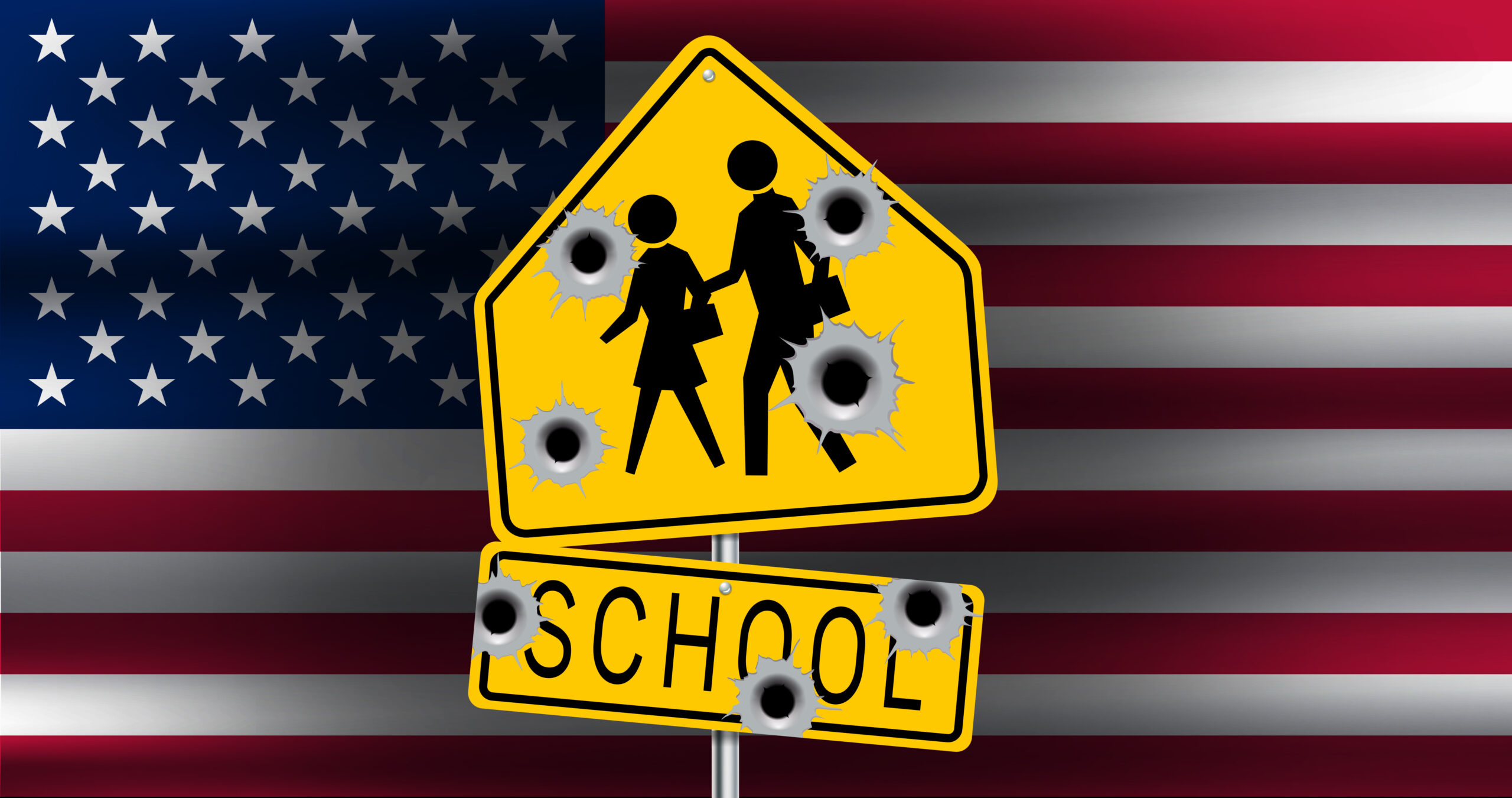 School Sign with Bullet holes over American flag
