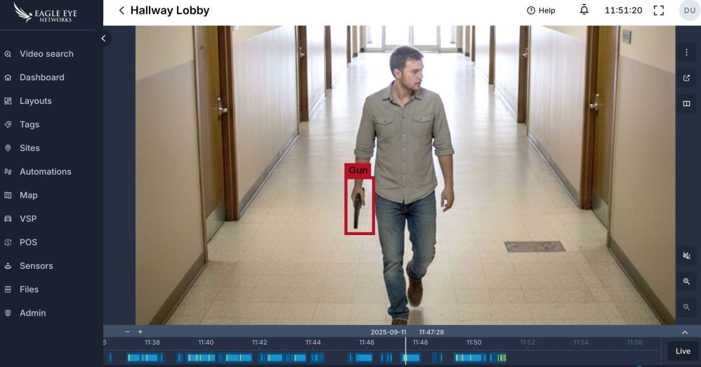 Eagle Eye's The AI-powered system transforms existing security cameras from passive recording devices into an active gun detection system. Eagle Eye Networks, gun detection, weapons detection, active shooter, guns on campus, St. Thomas University, Valor School, H.E. Jenkins, Mathew Schwandt
